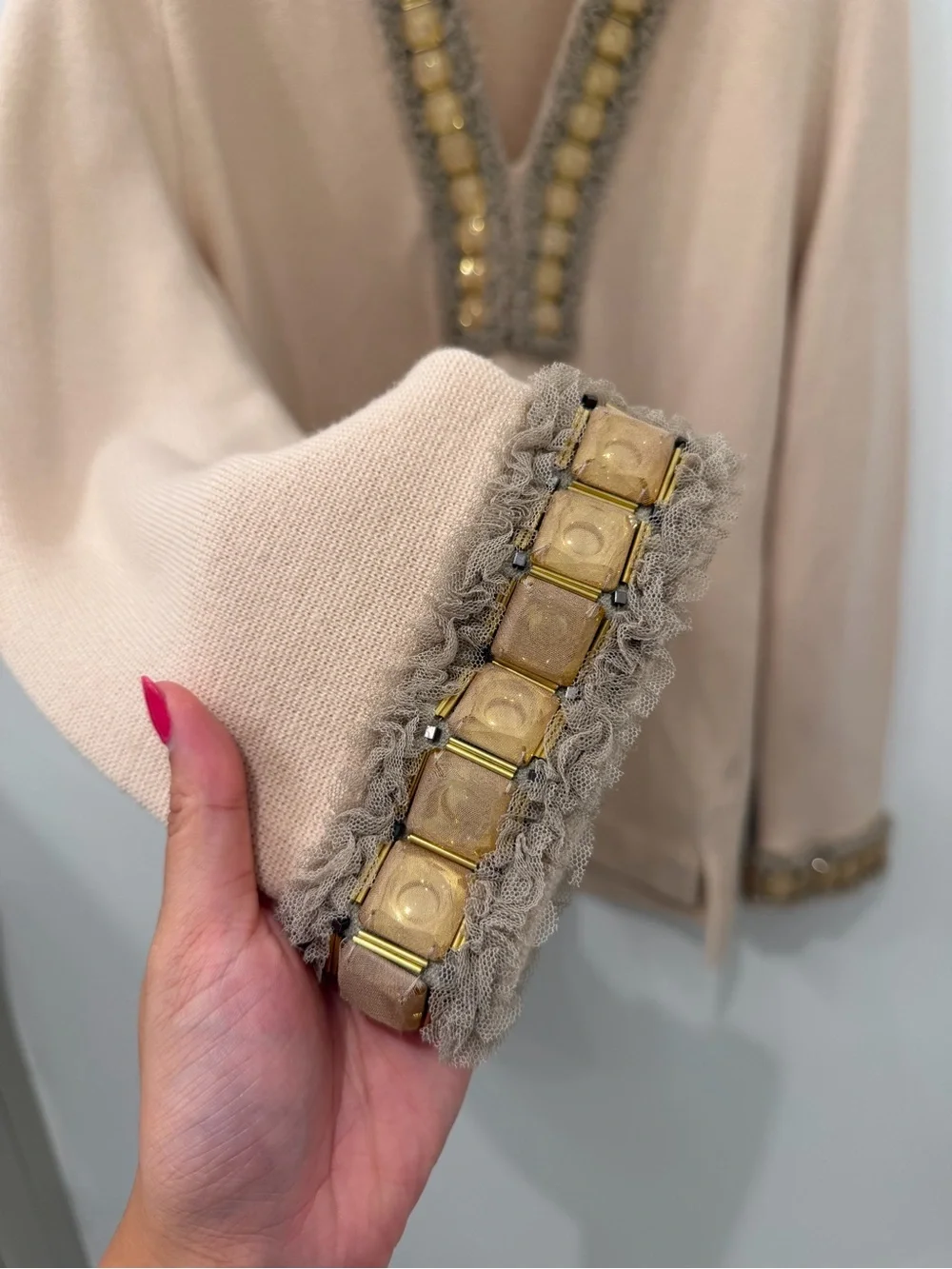 Tory Burch Beige Embellished Oversized Tunic Cashmere and Wool Sweater